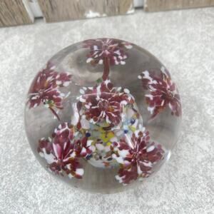 Murano Style Glass Bubble Glass Red & White Flowers Multi-Color PaperWeight